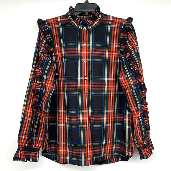 J.Crew Top Black Red Plaid Button Popover Ruffle Long Sleeve - Picture 4 of 13
